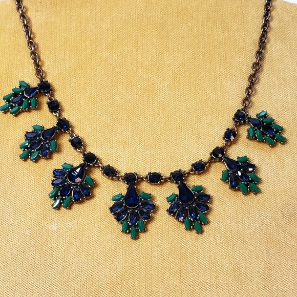 Signed J. Crew Blue/Green Rhinestone Flower Necklace - Picture 6 of 12